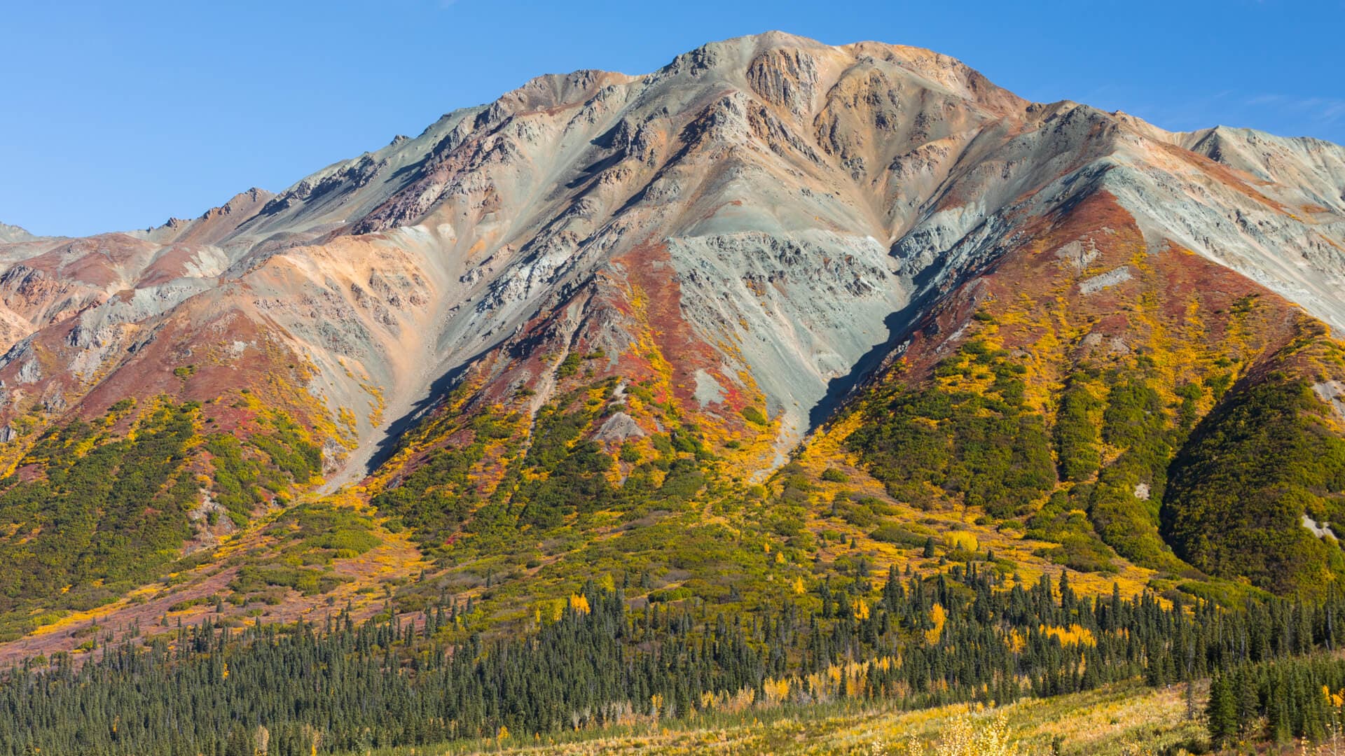 Colorful mountain landscape with autumn foliage and a clear blue sky.