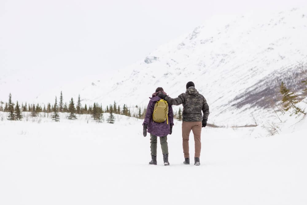 A couple walks hand in hand through a snowy landscape.